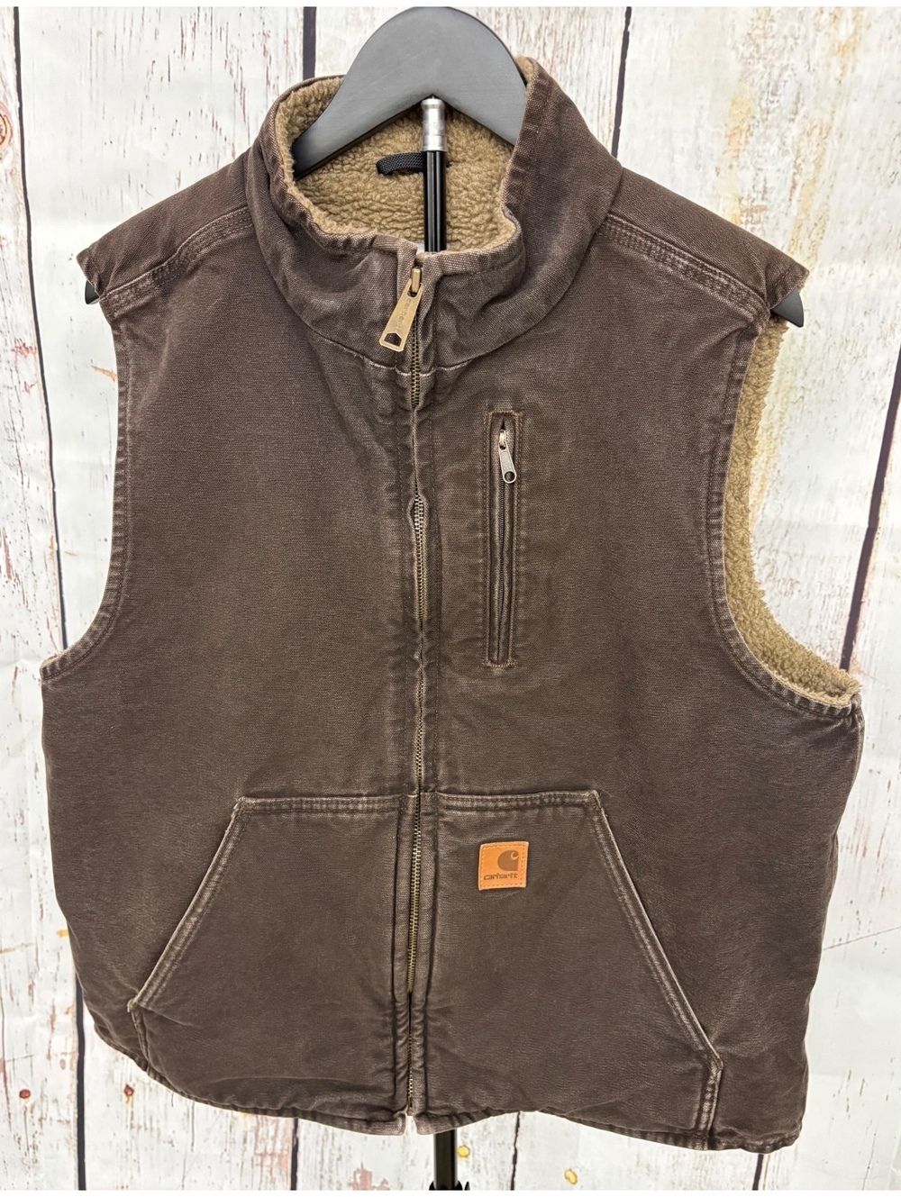 Vintage Carhartt Men’s Sandstone Duck Sherpa Lined Dark Brown Vest V33 Size L